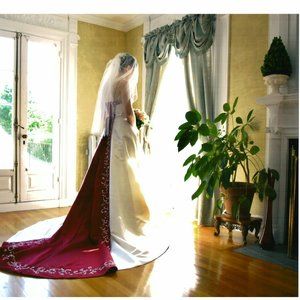 Satin A-Line Wedding Dress with Crimson trim